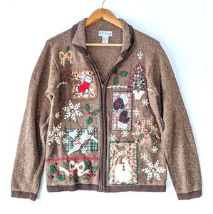 VINTAGE brown patchwork country cottagecore christmas knit zip cardigan sweater